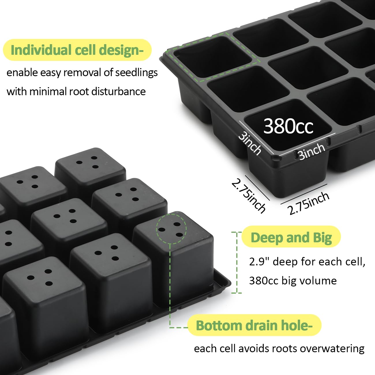 RooTrimmer 3 Inch Square Pots 2.9" Deep 18 Cell Seedling Trays with Water Collection Nursery 1020 Trays No Holes for Seeds Starting and Transplanting (20"x10",10 Sets)