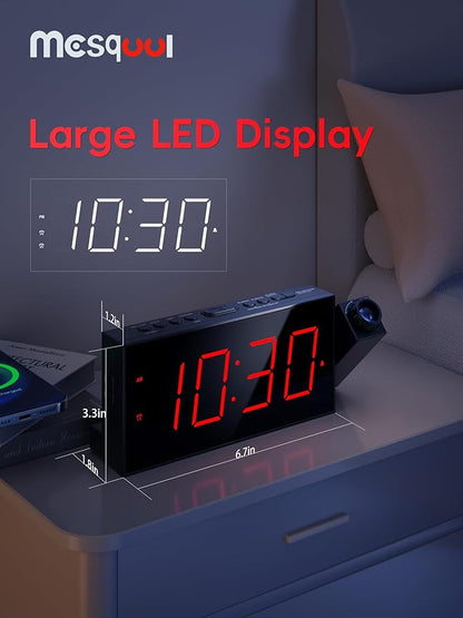 Digital Projection Alarm Clocks for Bedrooms - Large LED Display, 180° Rotatable Projector, 5-Level Dimmer,USB Charger,Battery Backup,Loud Dual Alarms for Kids Elderly,Heavy Sleepers,Snooze,12/24H,DST