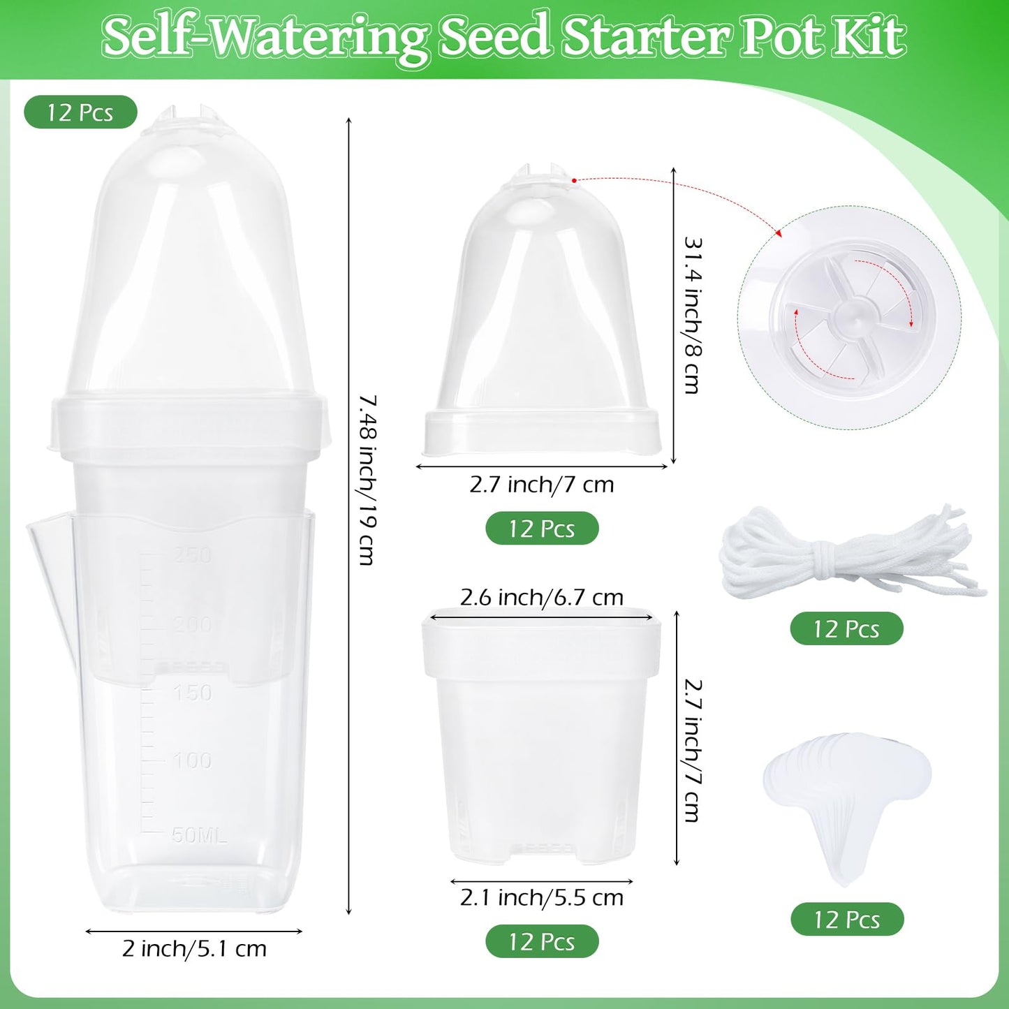 LEMEWEL 12 Pack 2.5" Self Watering Propagation Pots with Humidity Dome, Clear Plastic Seed Starter Cups, for Seedlings, Cuttings, Succulents, Herbs, Vegetables, 12 Plant Labels Included