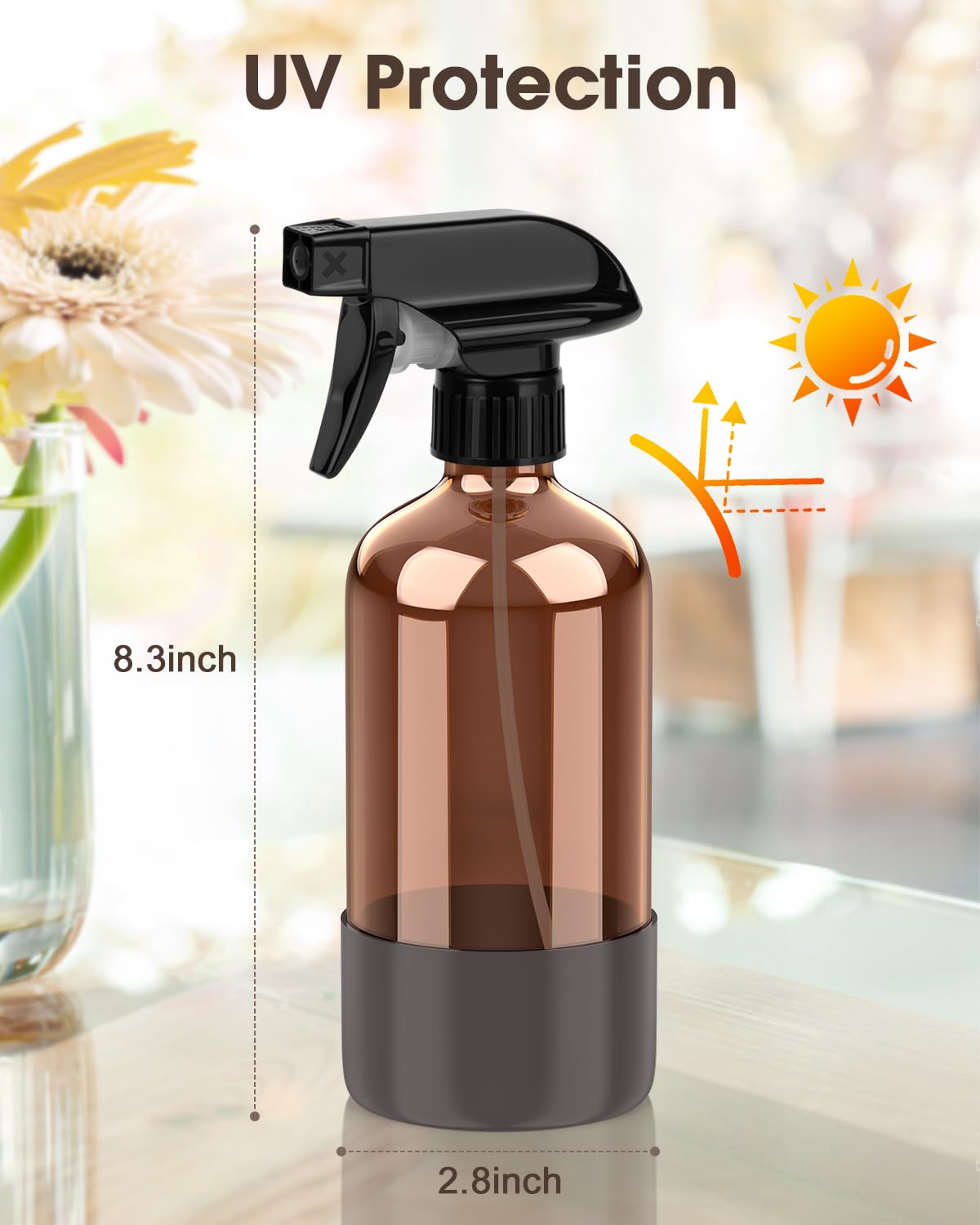 Bontip Glass Spray Bottle with Silicone Sleeve Protection, Amber Glass Spray Bottle Set for Window Cleaner Aromatherapy Facial Hydration Watering Flowers Hair Care 2 Pack/16 oz (Black & Grey, 16 oz)