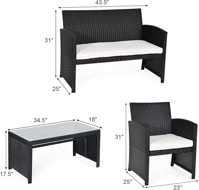 Tangkula Patio Wicker Conversation Furniture Set, Patiojoy Sofa & Table Set w/4
