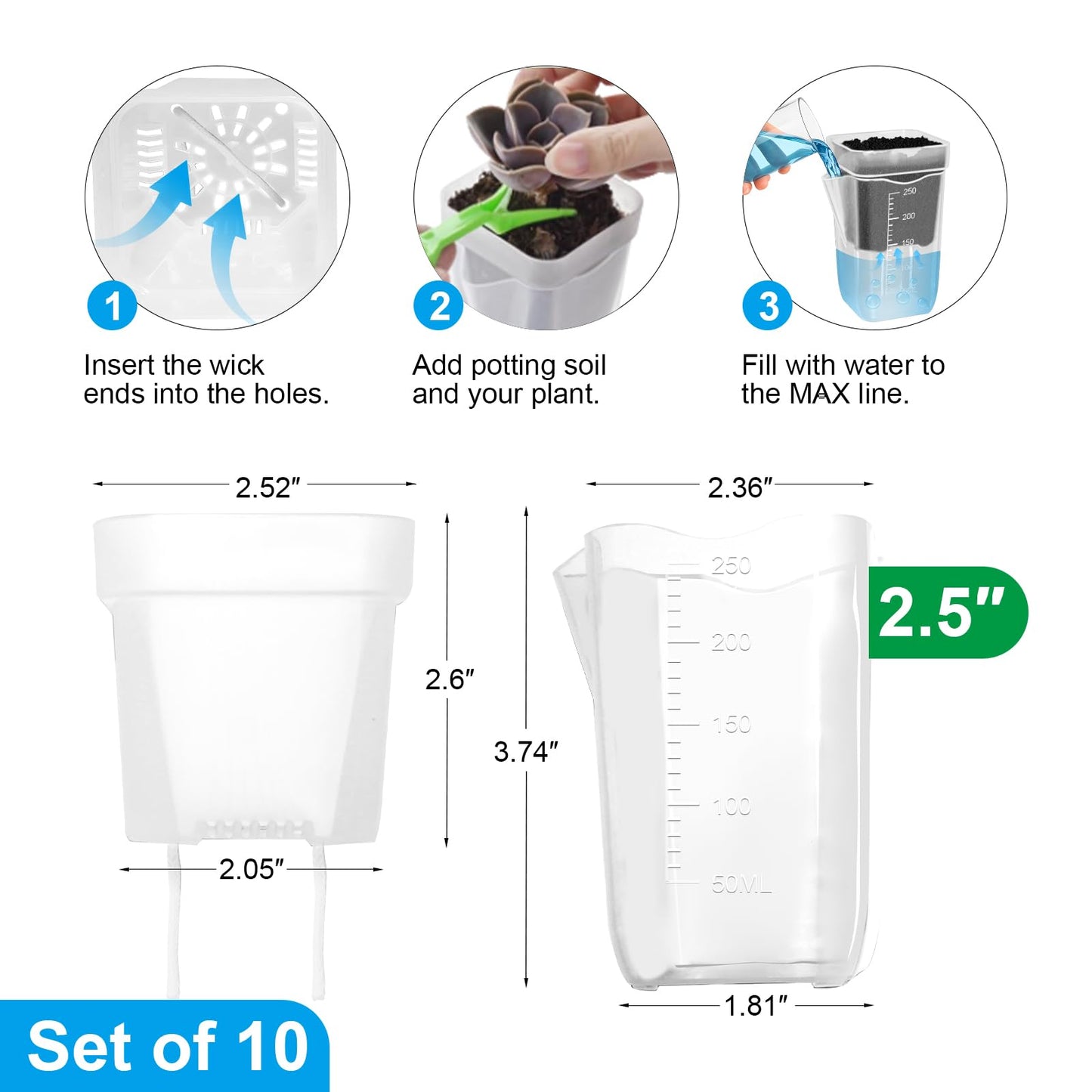 ZPAIO 10 Pack 2.5" Mini Self Watering Pots for Indoor Plants, Small Clear Plastic Planters with Drainage & Water Level, Semi Hydroponic Pots for African Violet, Propagation and Succulents