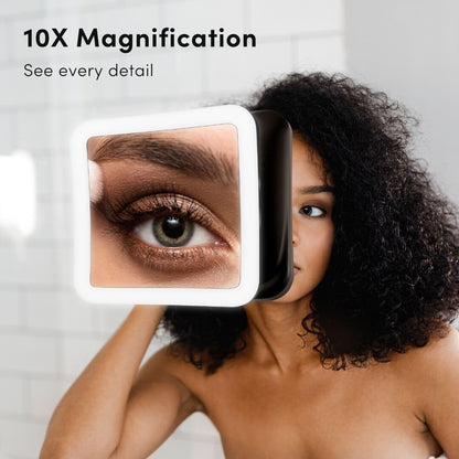 Fancii Rechargeable 10x Magnifying Mirror with 3 LED Light Settings, Dimmable Touch Light, Cordless, Locking Suction Mount, Lighted Mirror for Bathroom or Travel, Mira 2 (White)