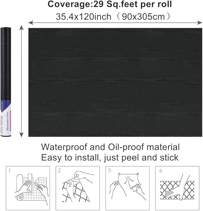Arthome Black Marble, 35.4x120 Inches Peel and Stick Wallpaper, Marble Contact