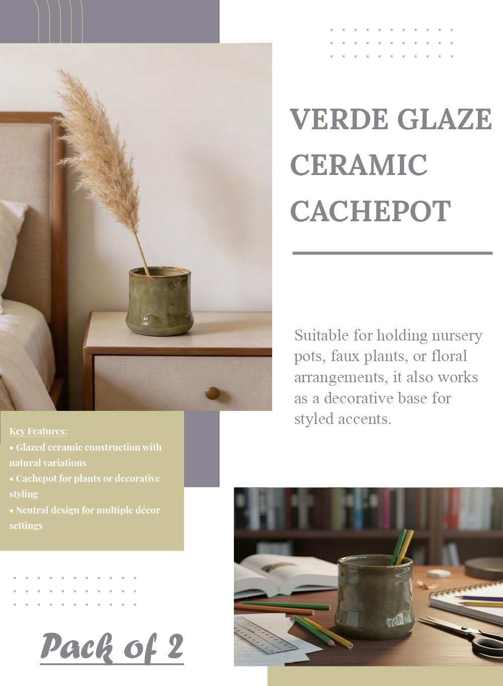 Serene Spaces Living Verde Glaze Ceramic Cachepot – Plant Holder for Indoor Planters, Faux Plants, Shelf & Table Home Décor, Flower Vase, 5" Dia (4" Opening & 4.8" Base) & 4.5" Tall, Pack of 2