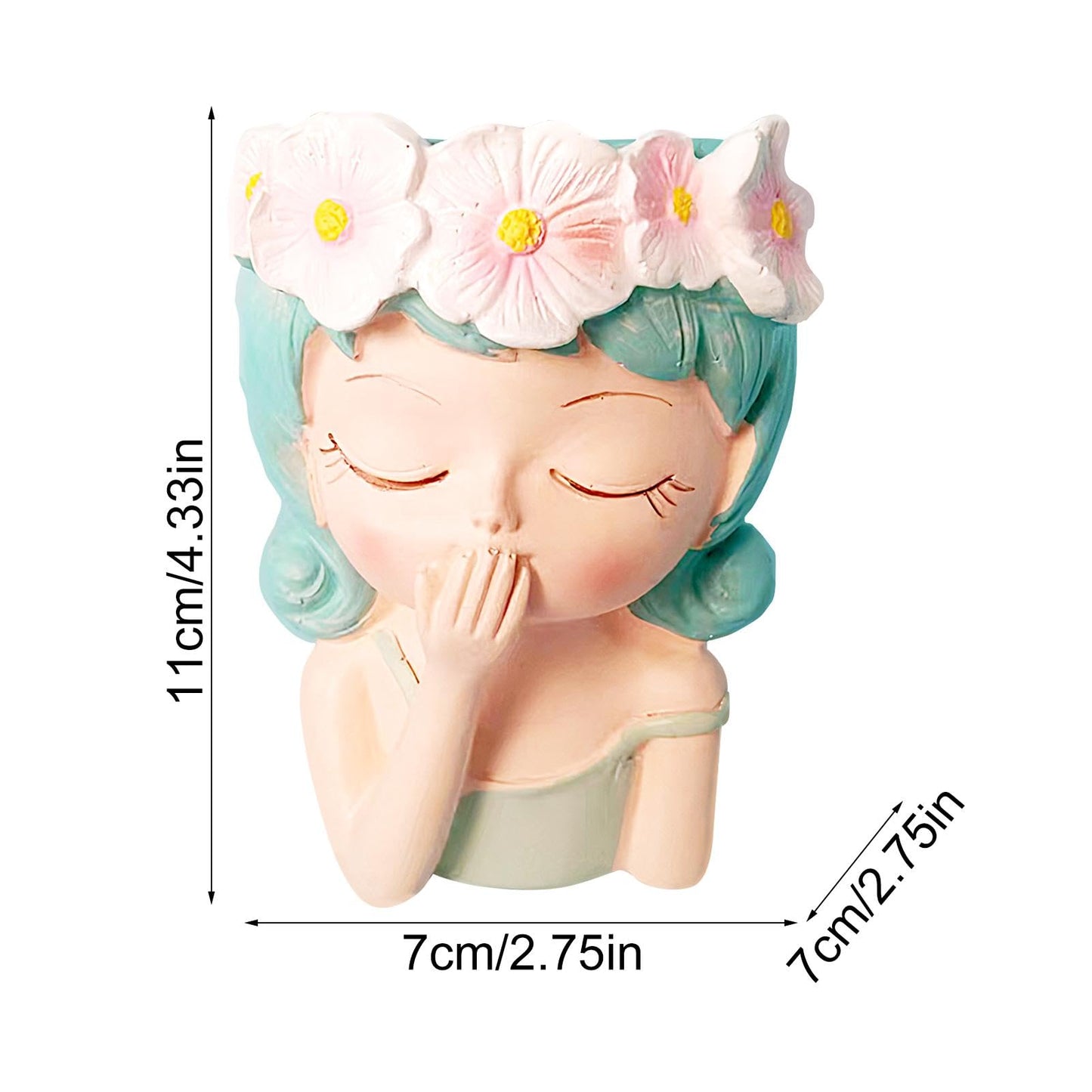 Flower Face Planter - Head Planter, Face Planters | Resin Planter with Drainage, Painted for Girl, Eyes Closed, Cactus Vase for Balcony, Indoor Outdoor Garden