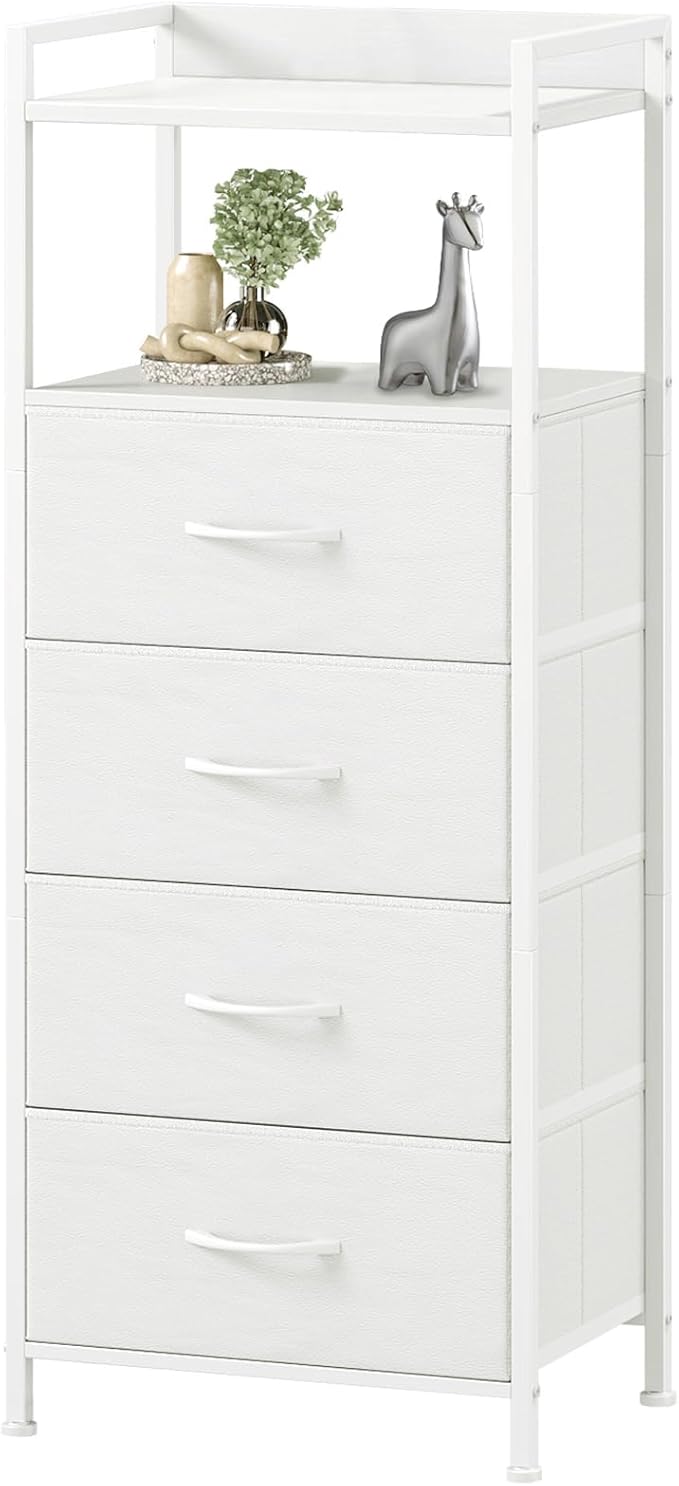 Somdot White Nightstand with 4 Drawers, Vertical Storage Tower Fabric Dresser