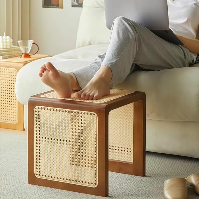 Japanese Style Wood Rattan Stool, Small Space Shoe Bench, Night Stand