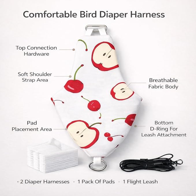 2PCS Bird Diaper Harness Kit with Disposable Pads and Flight Training Leash, Reusable Bird Diaper for Parrots Cockatiels Conures and Parakeets, Adjustable Bird Harness for Indoor Use(M)