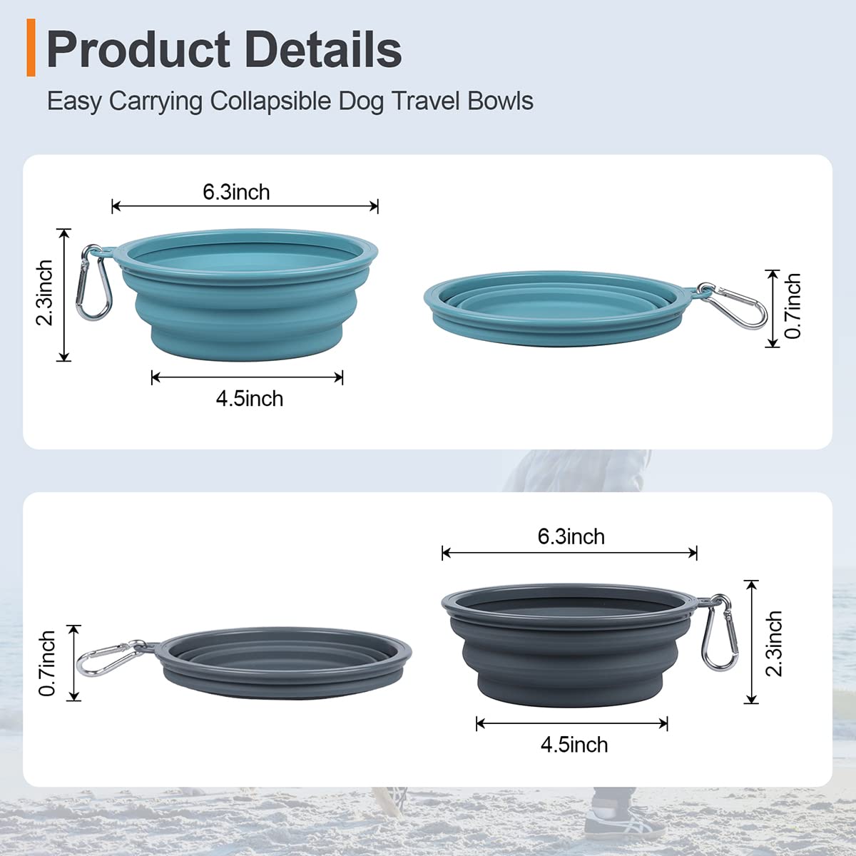 Kytely Collapsible Dog Bowls 2 Pack (650ml) - Portable Travel Pet Food & Water Bowls with Carabiner Clip, Foldable Feeding Dish for Dogs Cats, Hiking Walking Camping (Blue+Grey)