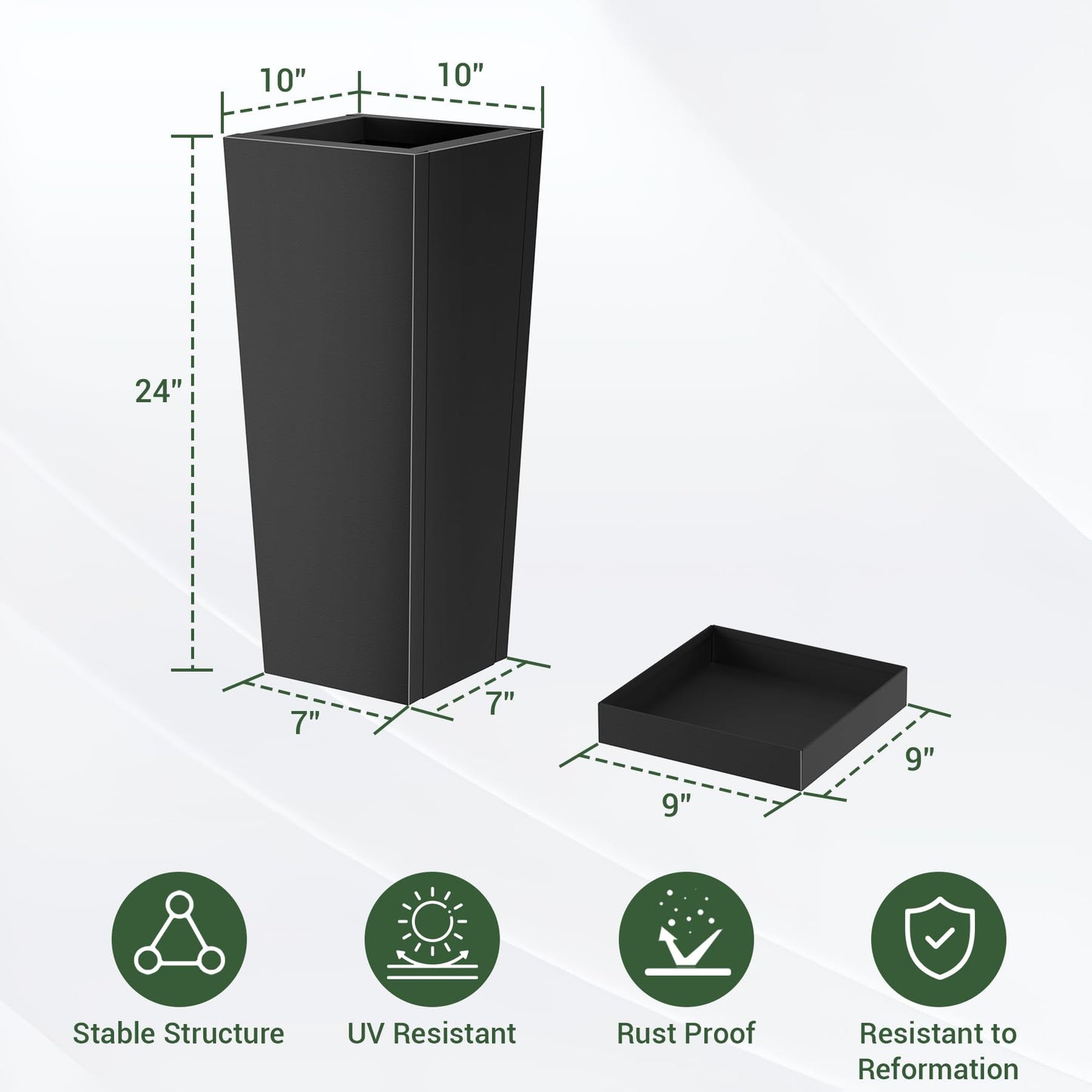 Toriexon Metal Tall Outdoor Planters Set of 2, 24 inch Durable Tall Planters with Rust-Proof Coating & Drainage Insert Shelve & Trays, Black Outdoor Planters for Porch, Garden, Patio, Yard
