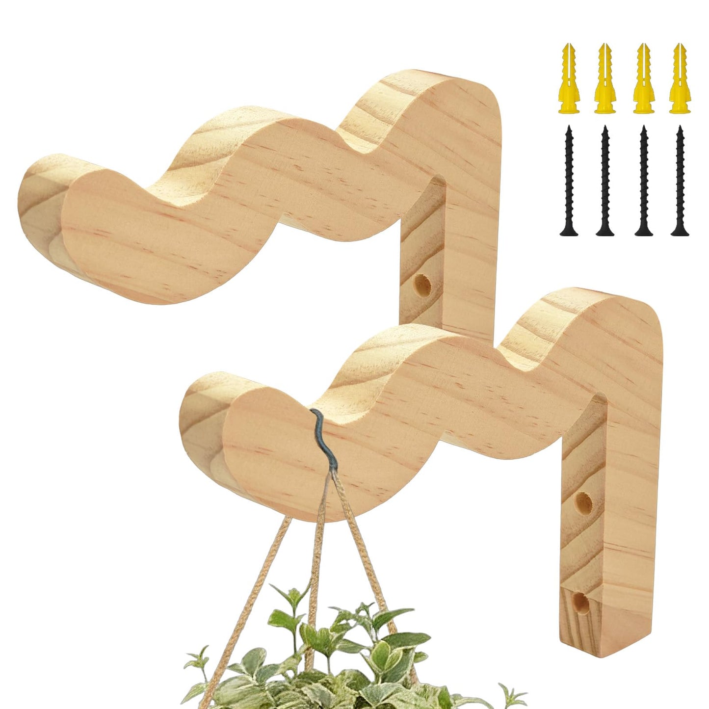Upriver 2 Pack Wavy Wooden Plant Hangers, Plant Wall Bracket for Indoor Outdoor, Natural Hanging Plant Hooks for Wind Chimes Flower Brackets Bird Feeders Patio Garden Decoration