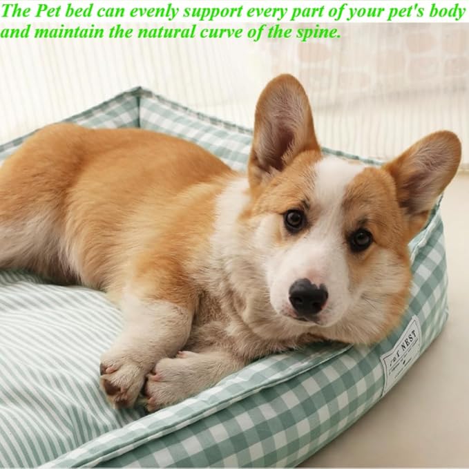 Orthopedic Rectangle Dog Bed for Medium Small Dogs, Plaid Plush Modern Puppy Sofa Bed with Anti-Slip Bottom, Cute Calming Pet Bed(Khaki,Medium)