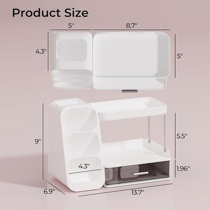 UFORU Makeup Organizer for Vanity with Brush Holder, 2 Tiers Countertop Skincare, Cologne Organizer and Perfume Stand for Bathroom Vanity, Large Capacity Makeup Storage, White