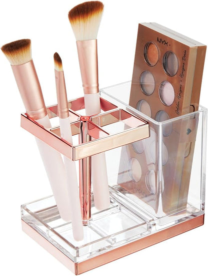 mDesign Plastic Toothbrush and Toothpaste Storage Organizer Holder - Home Decor for Bathroom Countertop - Holds Toiletries and Beauty Accessories - Lumiere Collection - Clear/Rose Gold