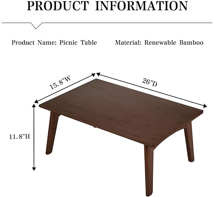 Bamboo Folding Coffee Table, Japanese Low Desk, No Assembly Portable Furniture
