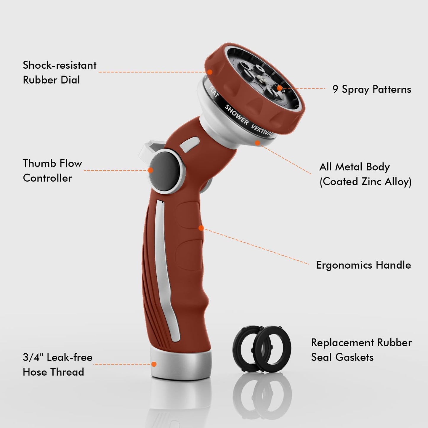 RESTMO Hose Nozzle Heavy Duty, Metal Water Hose Sprayer for Garden, 9 Spray Patterns | High Pressure | Thumb Flow Control | On/Off Valve, Ideal for Lawn & Plant Watering, Car & Pet Washing, Red