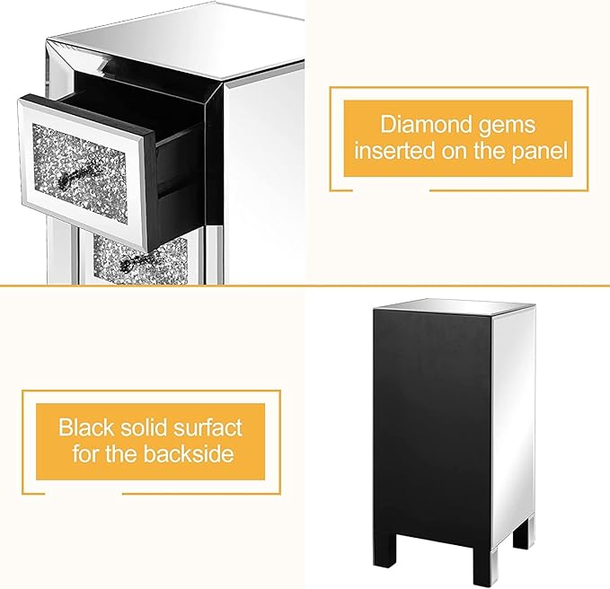 VINGLI 3-Drawer Mirrored Nightstand Bedside Table Modern Night Stands Set of 2