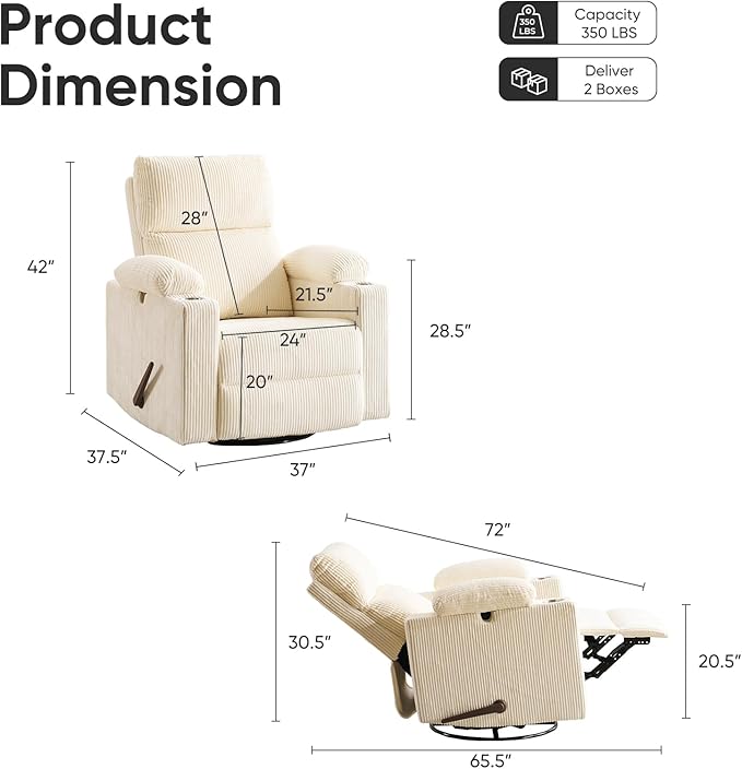 Swivel Rocker Recliner with Adjustable Armrests, Rocking Nursery Chair with