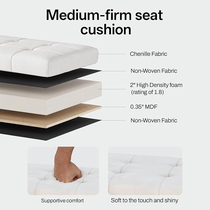 ABHENG Solid Rubber Wood Shoe Bench, Soft Chenille Material Upholstered Seat