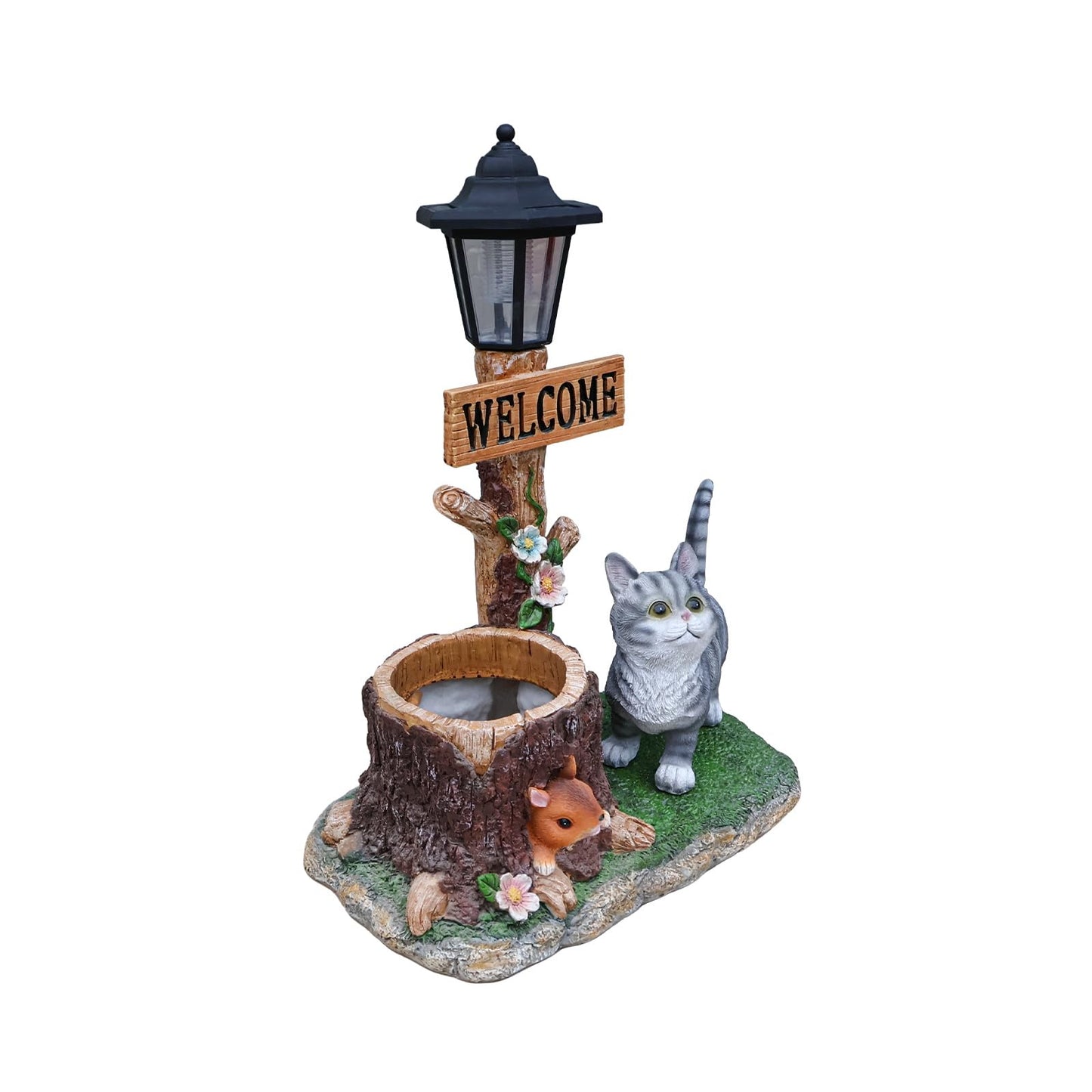 UNOIRNM Cat and Squirrel Garden Statue - with Solar Lantern and Tree Stump Planter, 18.5" Resin Gray Tabby Figurine for Outdoor Patio Decor, 9.3 lbs Animal Sculpture, 14.2" Wide Welcome Ornament
