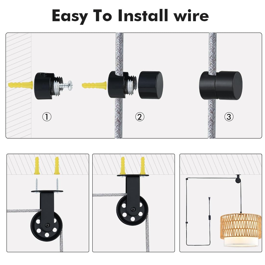Pulley Wheel for Plug in Pendant Light, Wall Ceiling Mount Pulley for Hanging Lamp, 1 Pack Pulley Wheel and 4 Pack Swag Hooks for Hanging Electric Wire Cable Cord Chandelier Plant Grow Lights (Black)