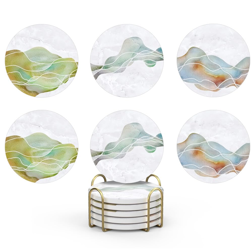 UMIRRO Ceramic Stone Coasters for Drinks Absorbent with Holder | Agate Style Coasters Set with White Marble Texture Background | Cool Cup Mat with Geode Pattern | Unique Fancy Tabletop Protection Mat