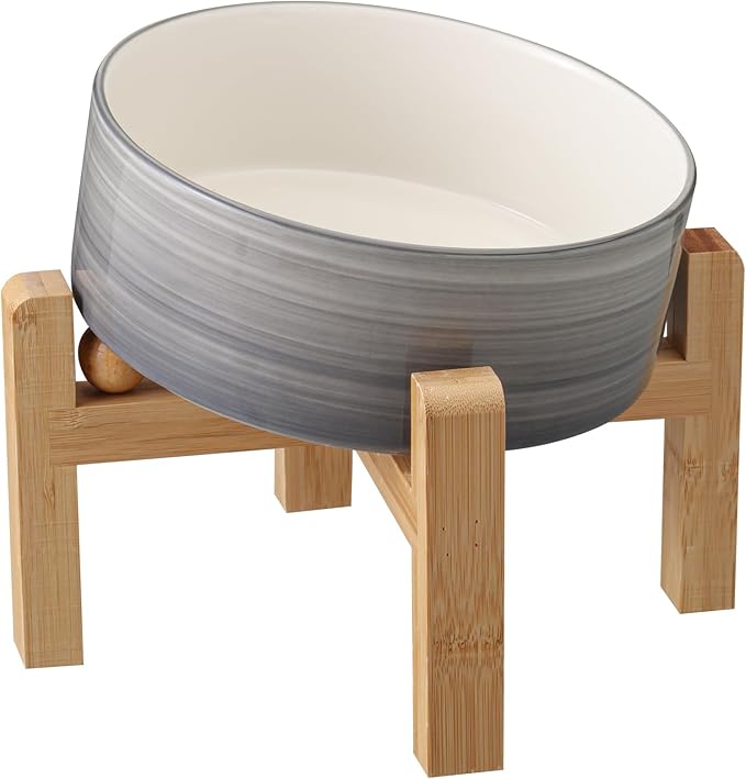 Elevated/Raised 15°Tilted Anti Slip Ceramic Dog Bowl for Medium & Large Breeds,Slanted Bulldog Big Face Pet Feeding Food Water Dish Stand for Dogs (7.6 Cups/60OZ) Grey White