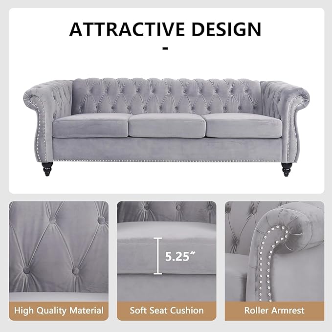 Mid-Century 3 Seater Sofa, Velvet Couch