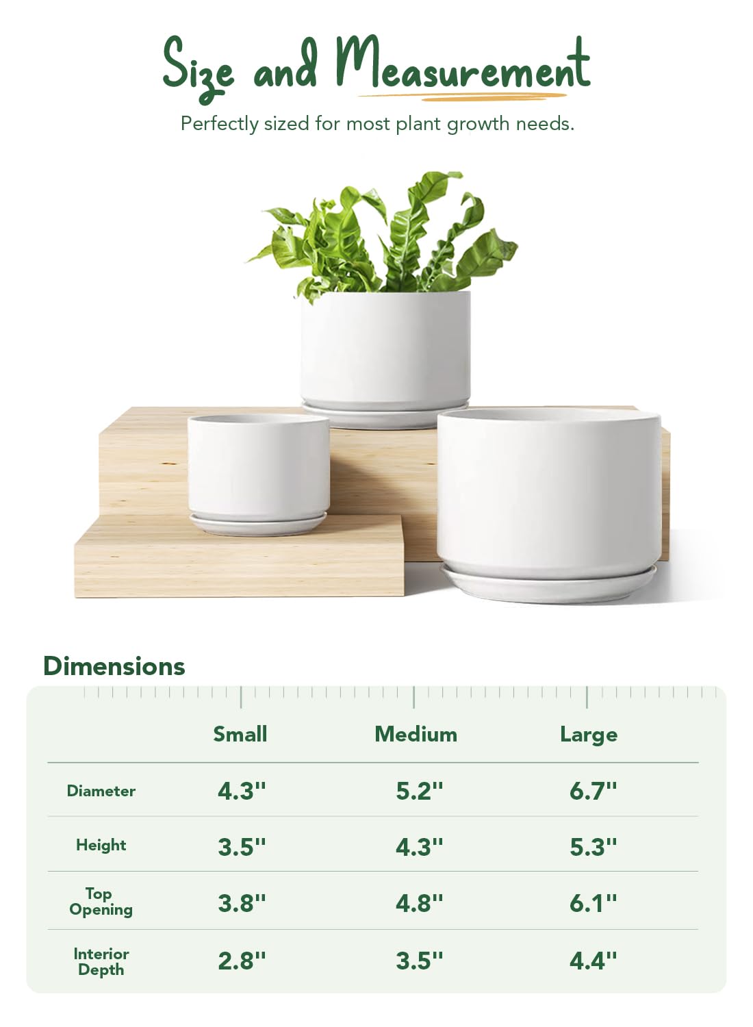 LE TAUCI Ceramic Pots for Plants, 4.3+5.3+6.8 Inch Plant Pots, Set of 3, Planters with Drainage Hole and Saucer, Indoor Flower Pot with Hole Mesh Pad, Gifts for Mom, White