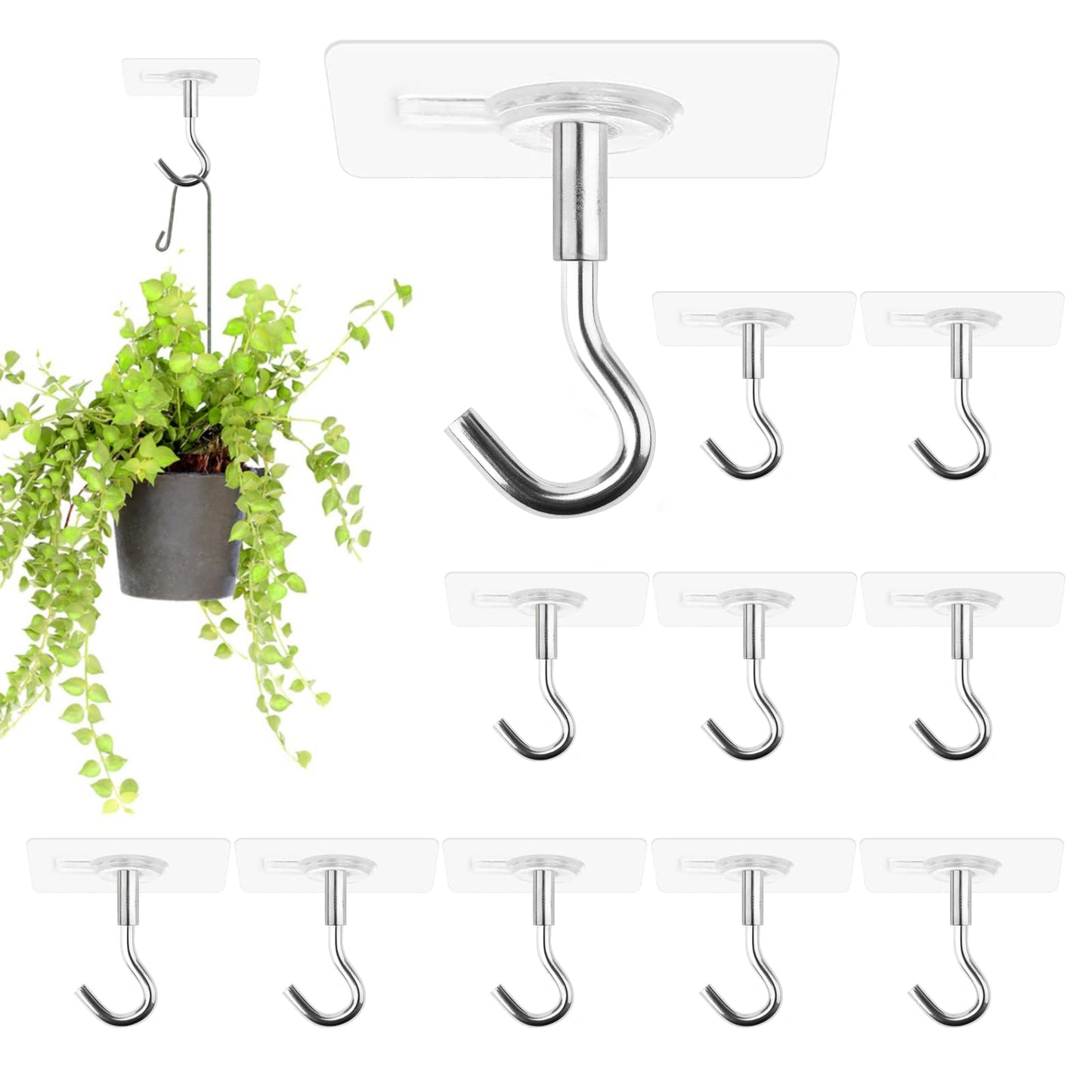 Sankoly 12 Pcs Adhesive Ceiling Hooks No Drilling Ceiling Hooks Outdoor Adhesive Hooks for Hanging Small Plants Wind Chimes Lanterns, Easy to Hang