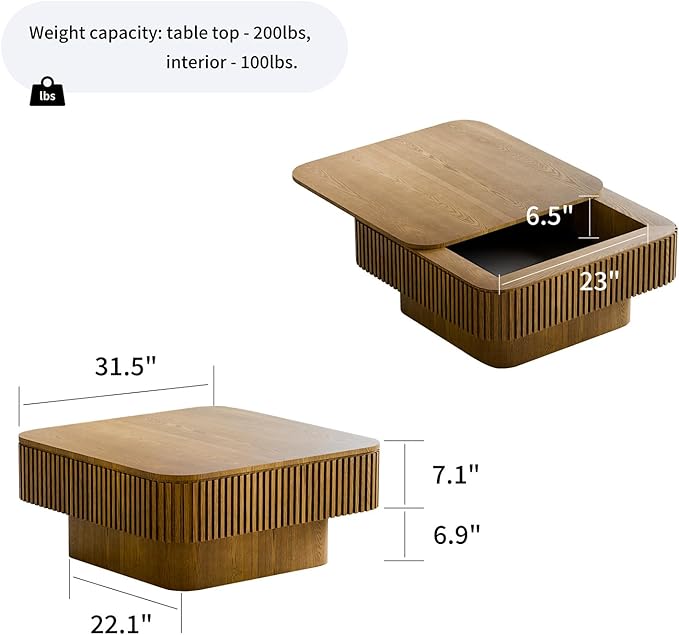 Square Coffee Table for Living Room, Fluted Drum Accent Tea Center Table