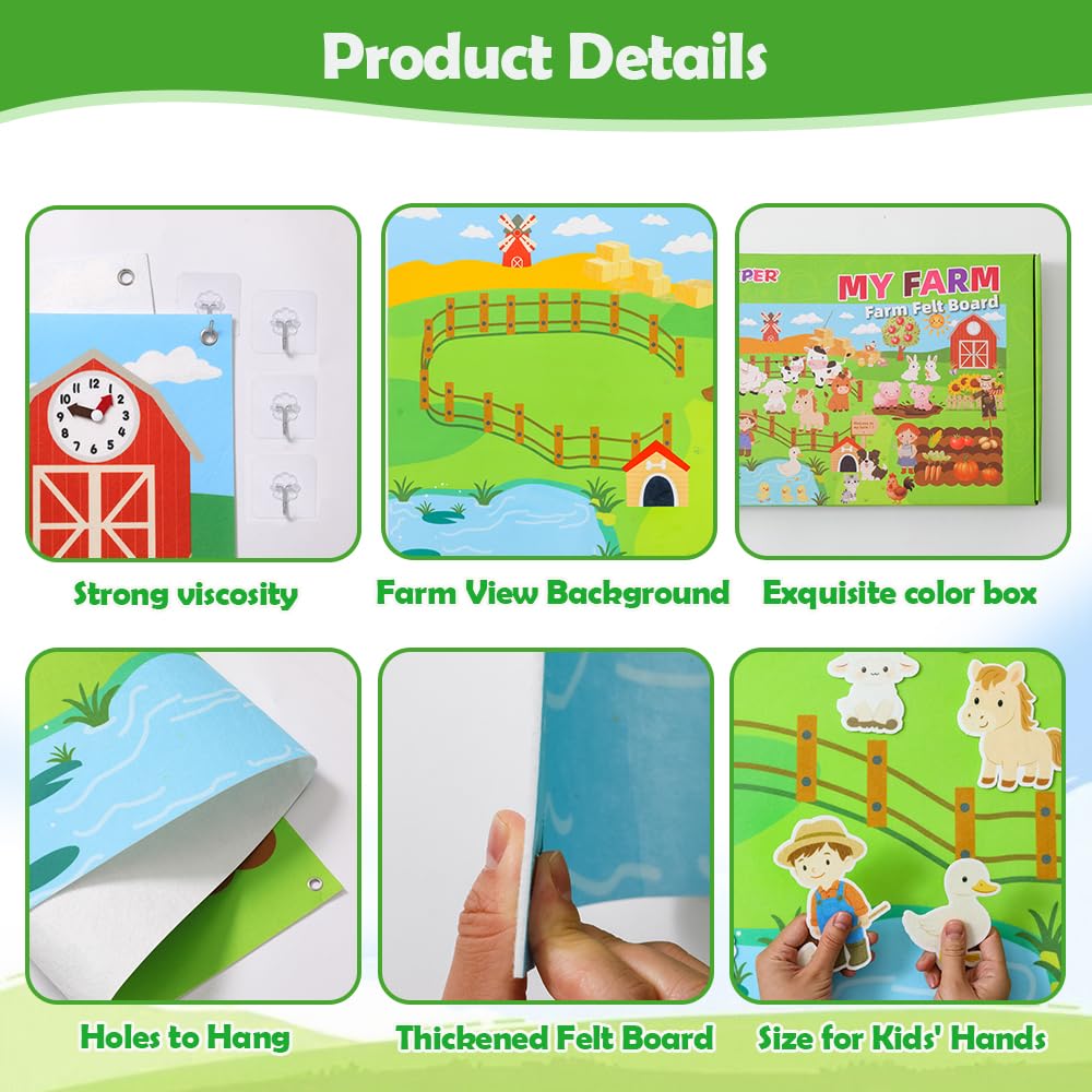 SUYEPER Farm Felt Story Board Set with 44pcs Animal Figures and Clock Number Learning Children's Story Set Storytelling Early Education Learning Board, Preschool Wall-mountable.
