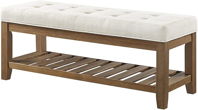24KF Large Rectangular Upholstered Tufted Linen Ottoman Bench, Padded Bench