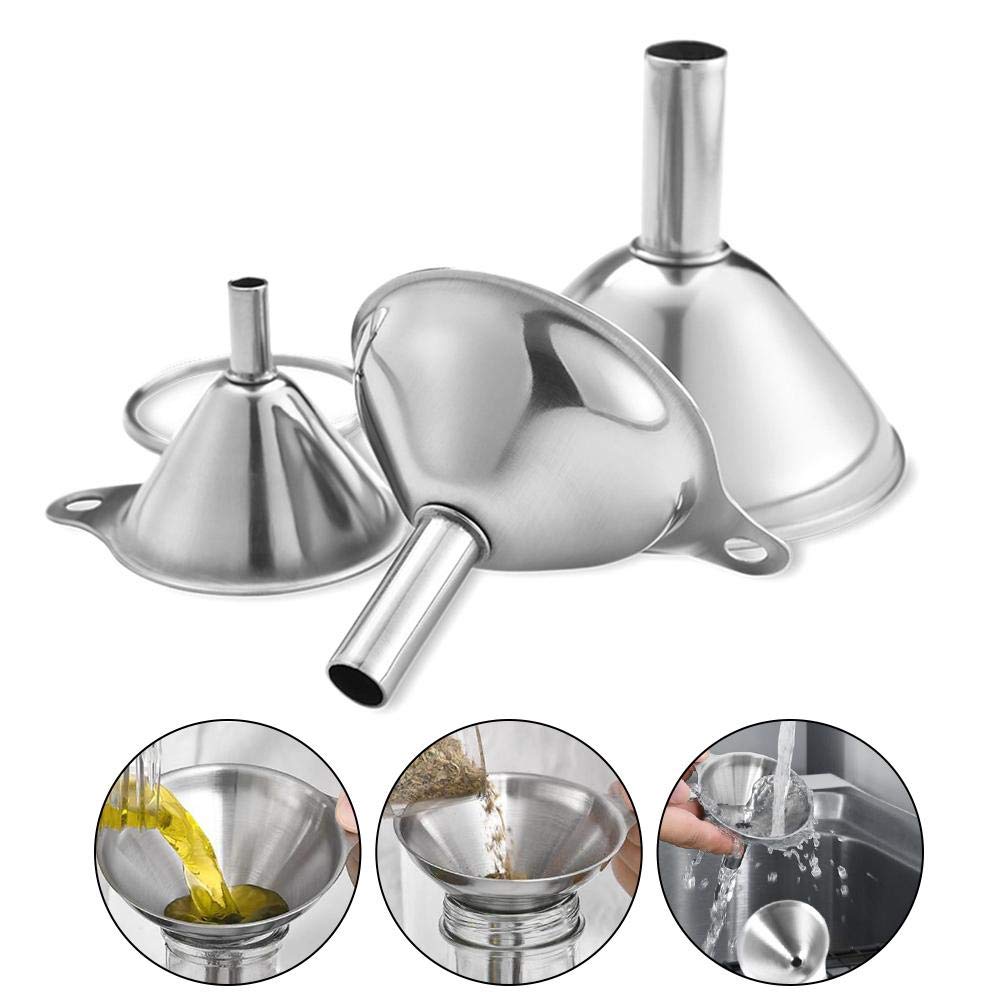 3 in 1 Metal Funnels for Filling Bottles Stainless Steel Small Kitchen Funnel Set for Transferring Essential Oils Liquid Fluid Spice Dry Ingredients Powder,Durable (‎Short-Handled Funnel)