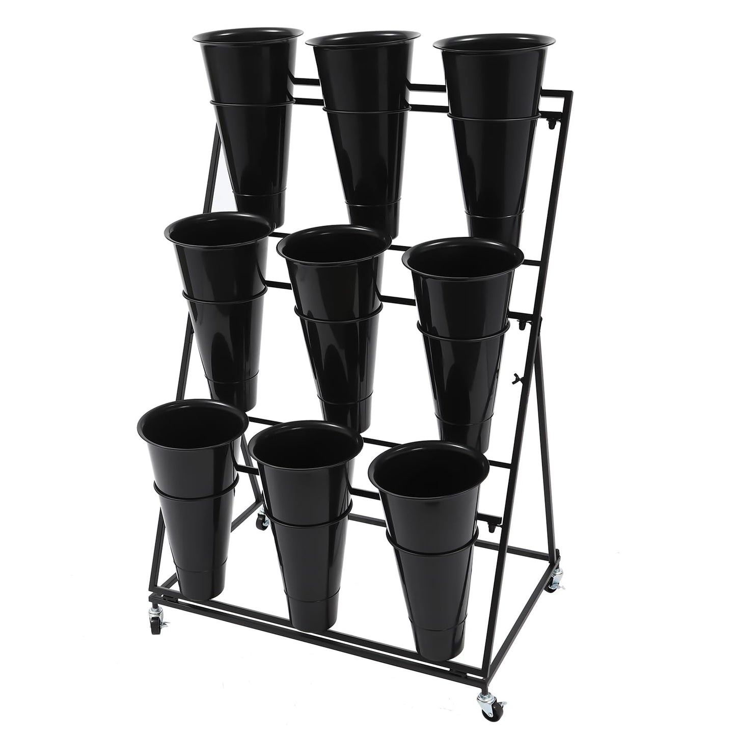 CNCEST Flower Display Stand With 9PCS Buckets,3 Layers Metal Plant Stand with Wheels,Moving Plant Cart Shelf Indoor Outdoor Flower Rack for Home Patio Balcony (Black, 3 Tier,9PCS)