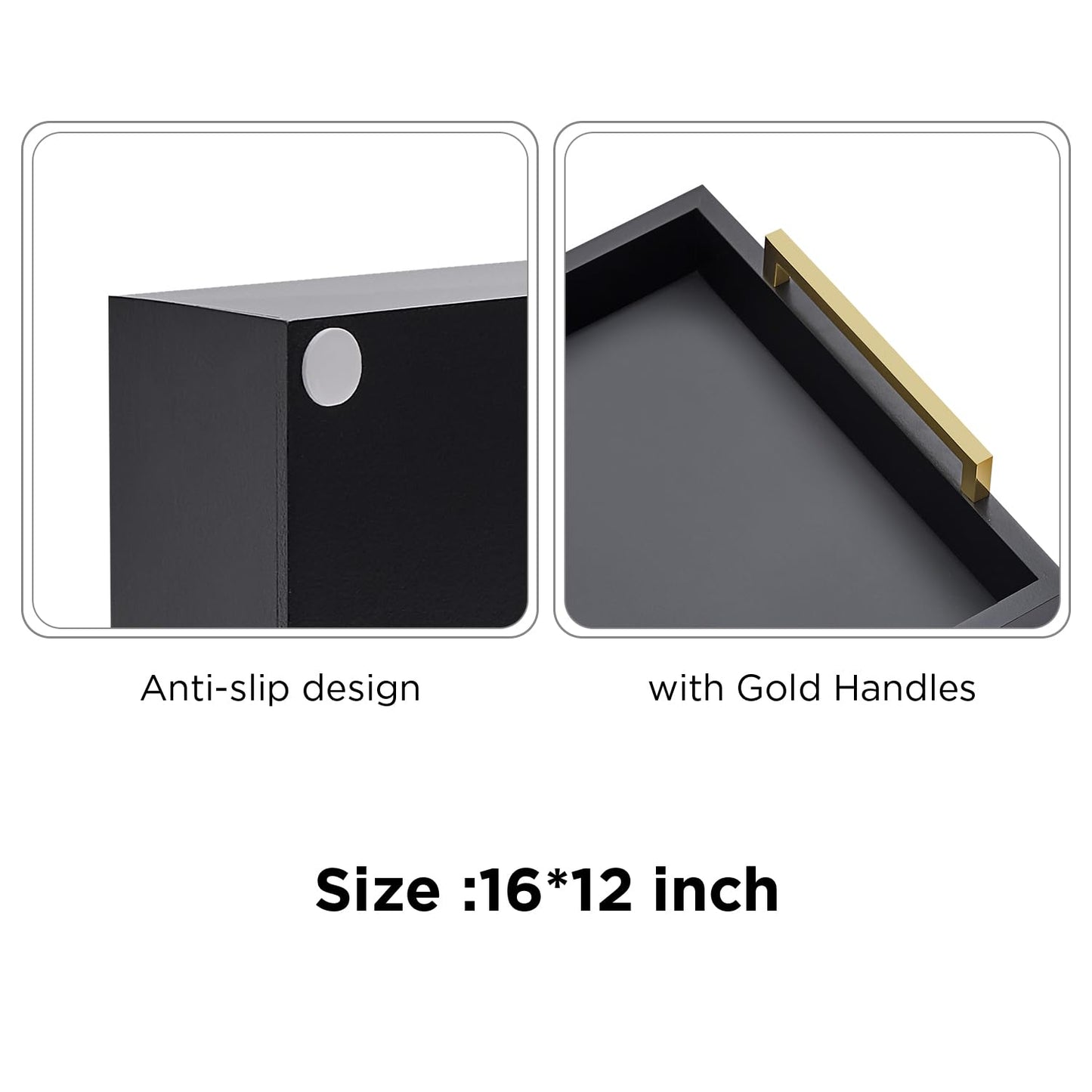 16"x12" Serving Trays with Handles, Black Decorative Serving Tray, Ottoman Trays for, Living Room, Bathroom, and Outdoors Decorative Trays (Black)