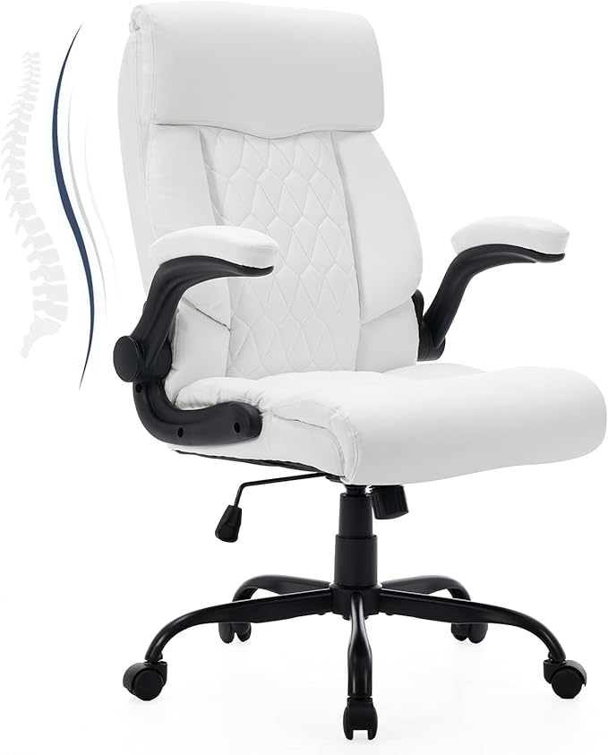 High Back Office Chair with Flip-up Armrests, Leather Comfy Desk Chair with