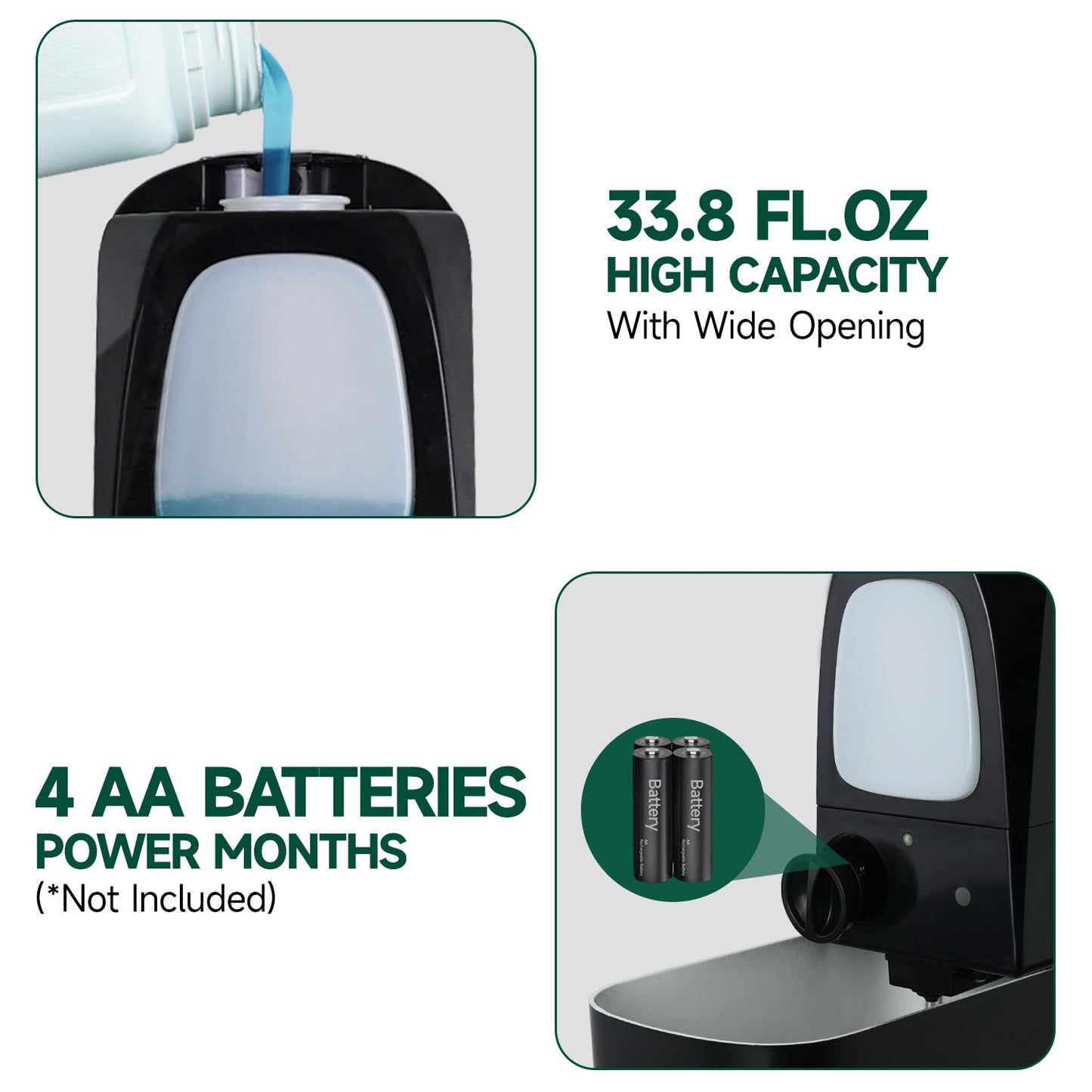 anydry Commercial Automatic Soap Dispenser Large 34oz/1000ml Capacity Wall-Mounted Touchless Liquid Dispenser for High-Traffic Restrooms, Offices, Hospitals Model AD1220S Black