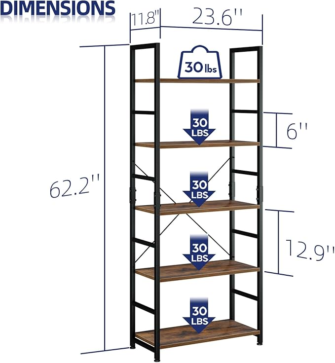 NUMENN 5 Tier Bookshelf, Tall Bookcase Shelf Storage Organizer, Modern Book