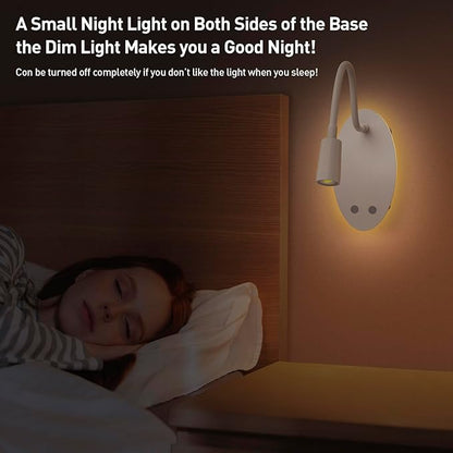 Rechargeable Cordless Reading Light, 360° Adjustable Bedside Lamp, 3 Color Stepless Dimming Night Light, 40H Runtime with Eye-Care, Memory Function, USB Output, Wall-Mounted & Detachable(2pcs)