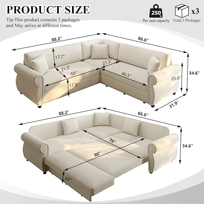 88.2" Sectional Sleeper Sofa