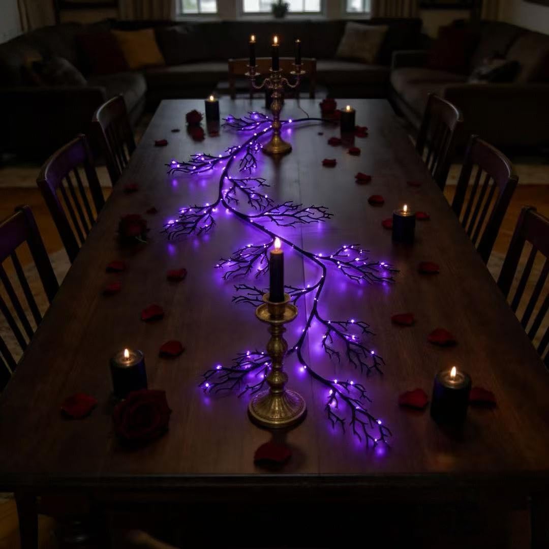 HipTree Halloween Lighted Black Vine Garland 6FT, 120LED Orange Purple Twig Lights, 8 Modes Battery Operated Timer, Waterproof Spooky Halloween Decor for Mantle Fireplace Party Indoor Outdoor
