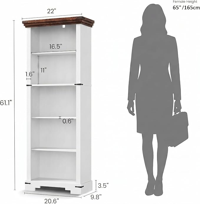 5-Tier Farmhouse Bookshelf, 61.1 inch Tall Bookcase