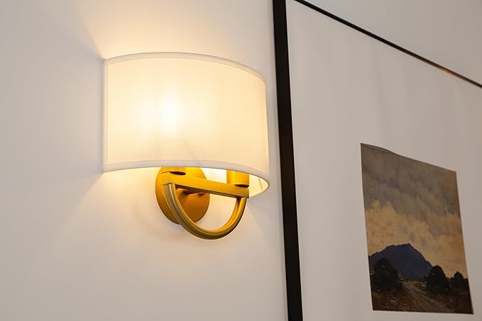 Industrial 2-Lights Wall Sconce Fixture with White Fabric Shade, Double Arm Wall Light Lamps Decor for Hallway Bedroom Living Room Bathroom Stairway