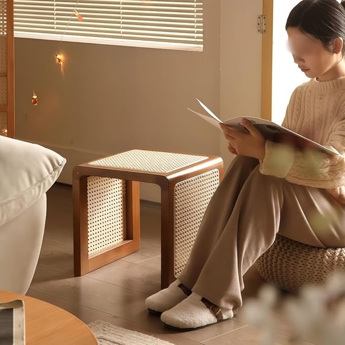 Japanese Style Wood Rattan Stool, Small Space Shoe Bench, Night Stand