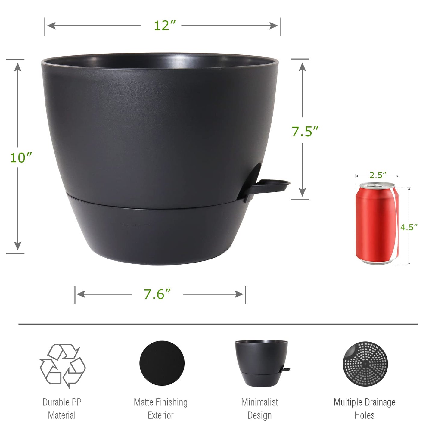 UOUZ 12inch 2Pack Large Self Watering Planters, Plastic Plant Pots with 60oZ Removable Deep Reservoir and Multi Mesh Drainage Holes for Indoor Outdoor Garden Plants and Flowers, Black