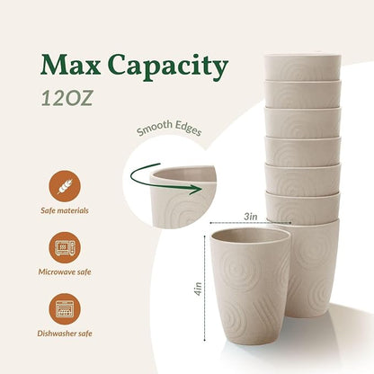 Homienly Wheat Straw Cups 8 PCS Plastic Cups Unbreakable Drinking Cup Reusable Dishwasher Safe Water Glasses with Beige Colors (12 OZ)
