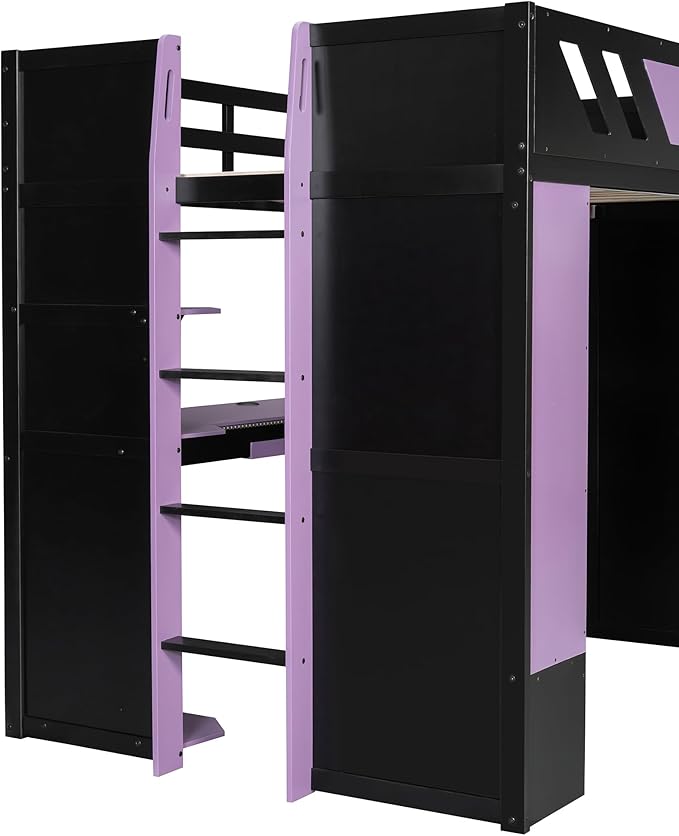 Full Size Wood Loft Bed with Built-in Workstation, Smart Storage, RGB Lighting
