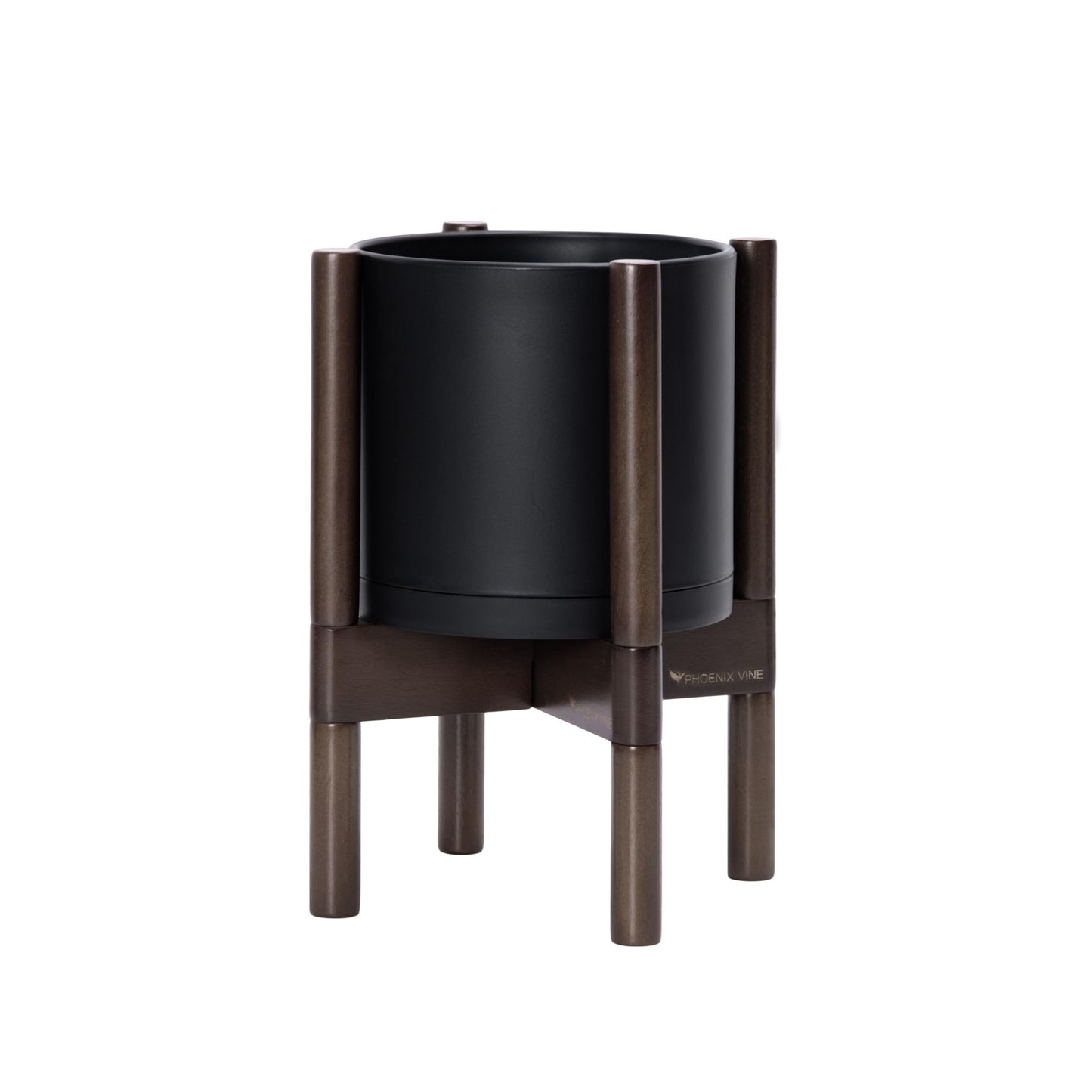 D'vine Dev Planter Pot with Stand - 8 Inch Plastic Cylinder Flower Pot with Wood Planter Holder for Indoor, Matte Black Pot + Walnut Color Stand, 55-C-I-2